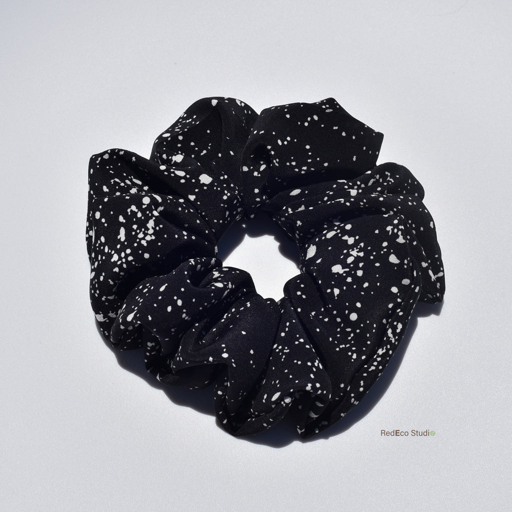 Oversized 100% Silk Scrunchie - White speckles on a Black Base