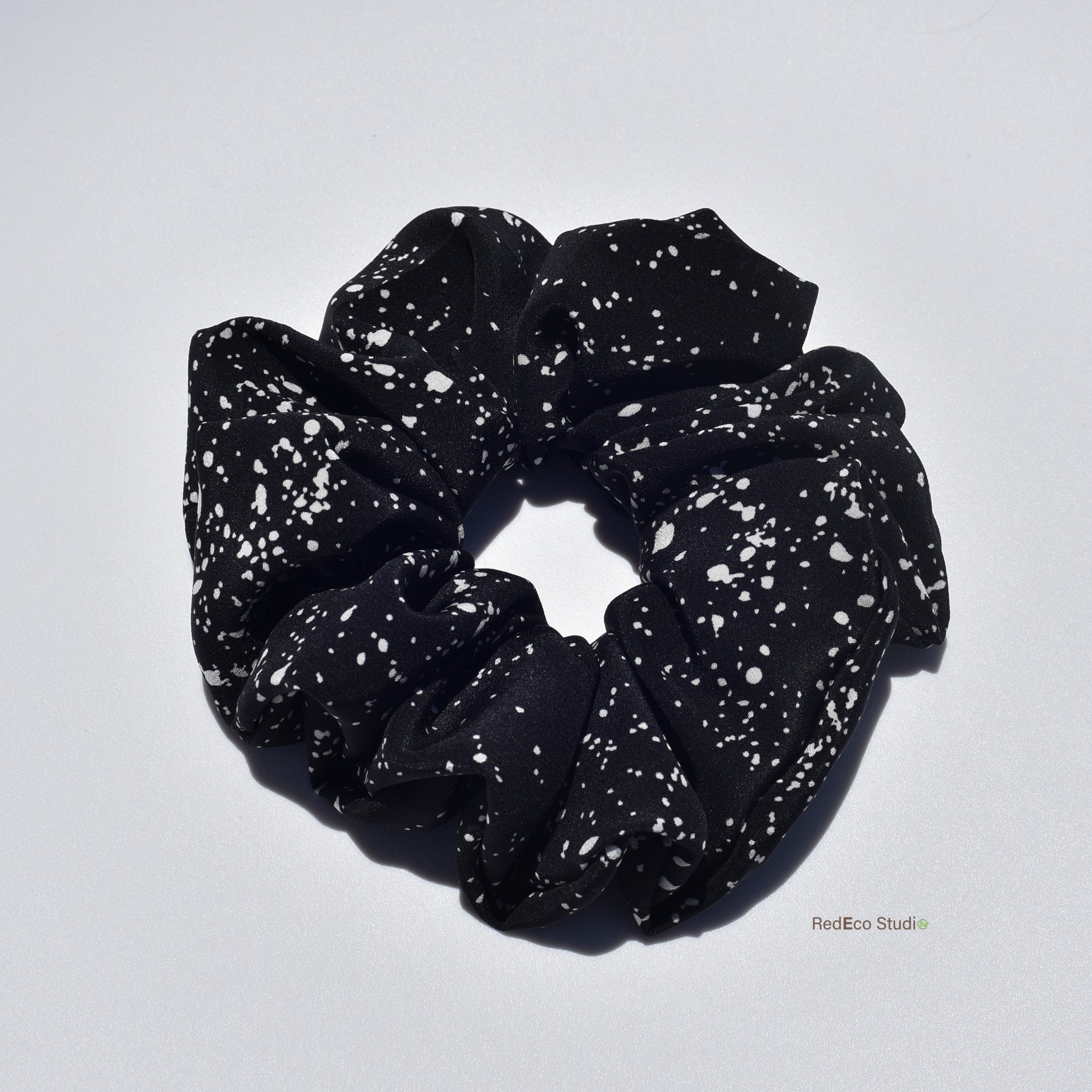 Oversized 100% Silk Scrunchie - White speckles on a Black Base