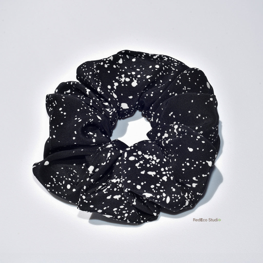Oversized 100% Silk Scrunchie - White speckles on a Black Base