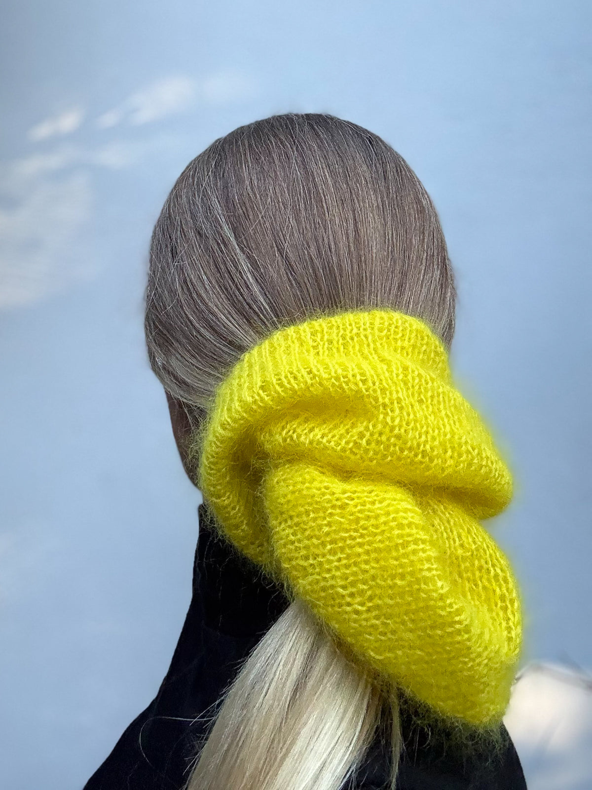 Oversized XL hand knitted silk mohair scrunchie in bright yellow worn in low ponytail — handmade in Australia | RedEco Studio