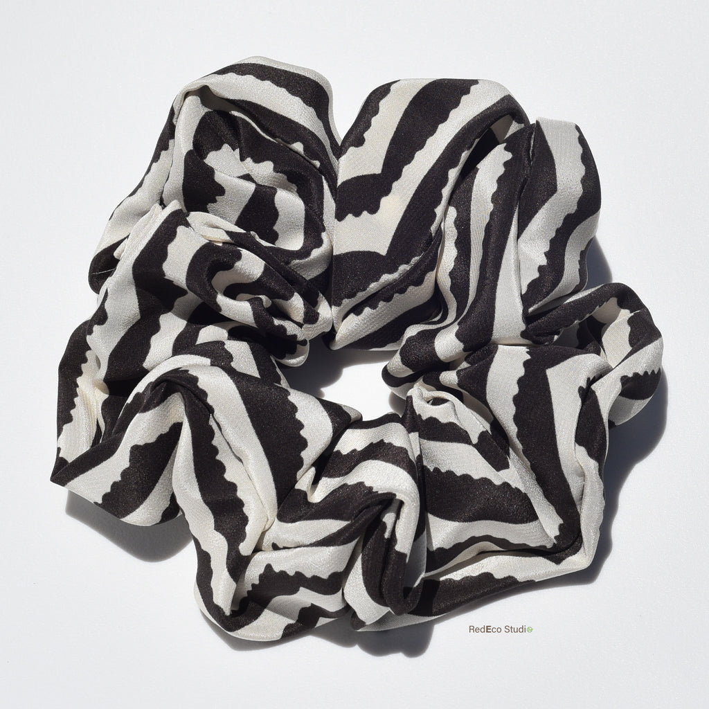Oversized 100% Silk Scrunchie - Black and white chevron