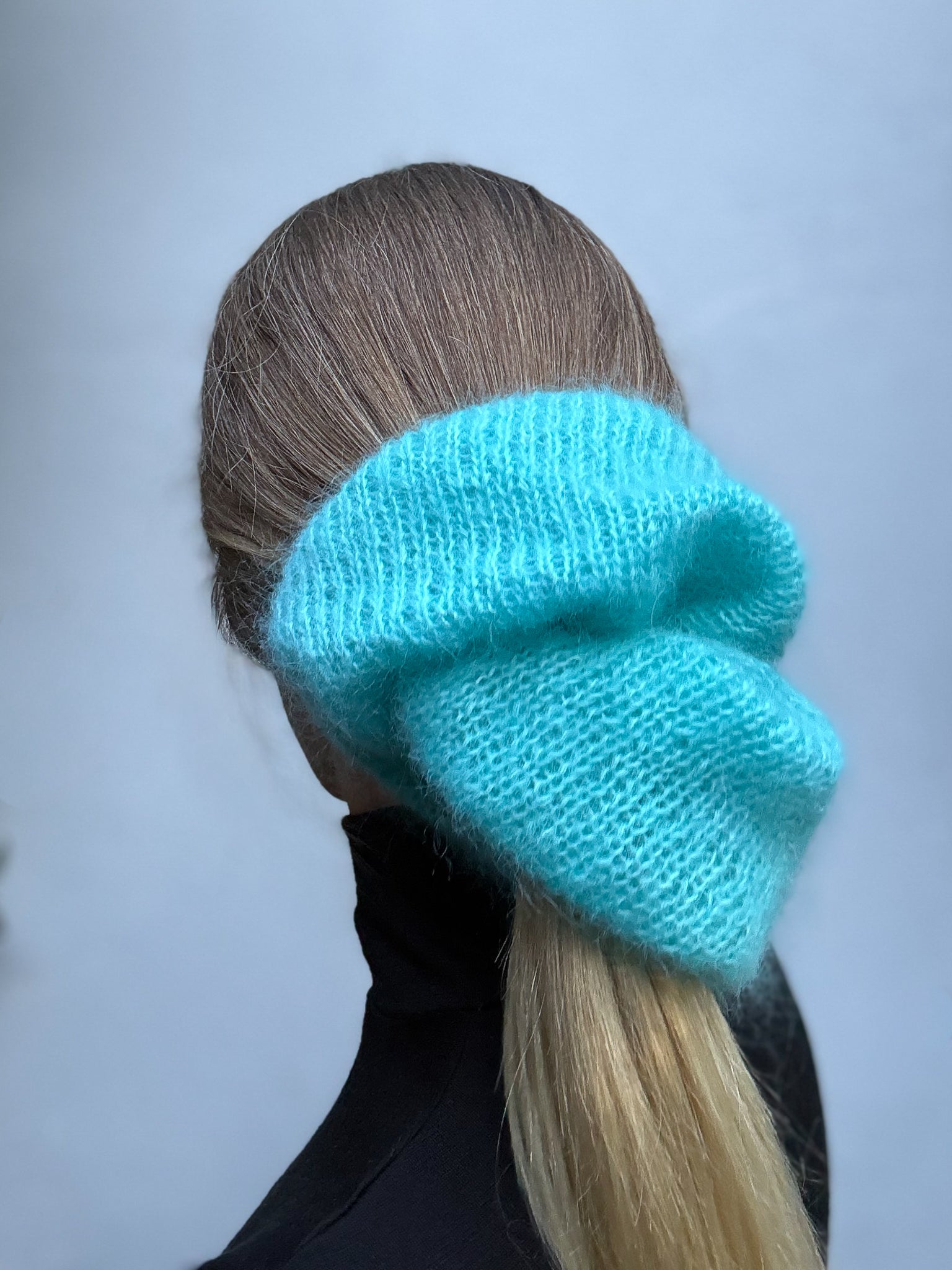 Oversized XL hand knitted silk mohair scrunchie in bright blue worn in ponytail on gray background — handmade in Australia | RedEco Studio