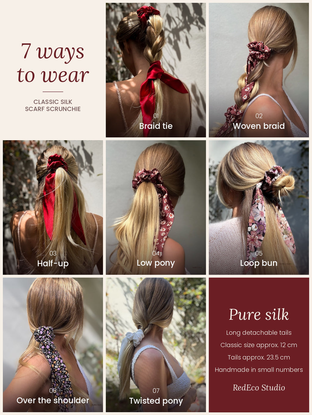 Seven ways to wear a classic silk scarf scrunchie: braid tie, woven braid, half-up, low pony, loop bun, over the shoulder and twisted pony