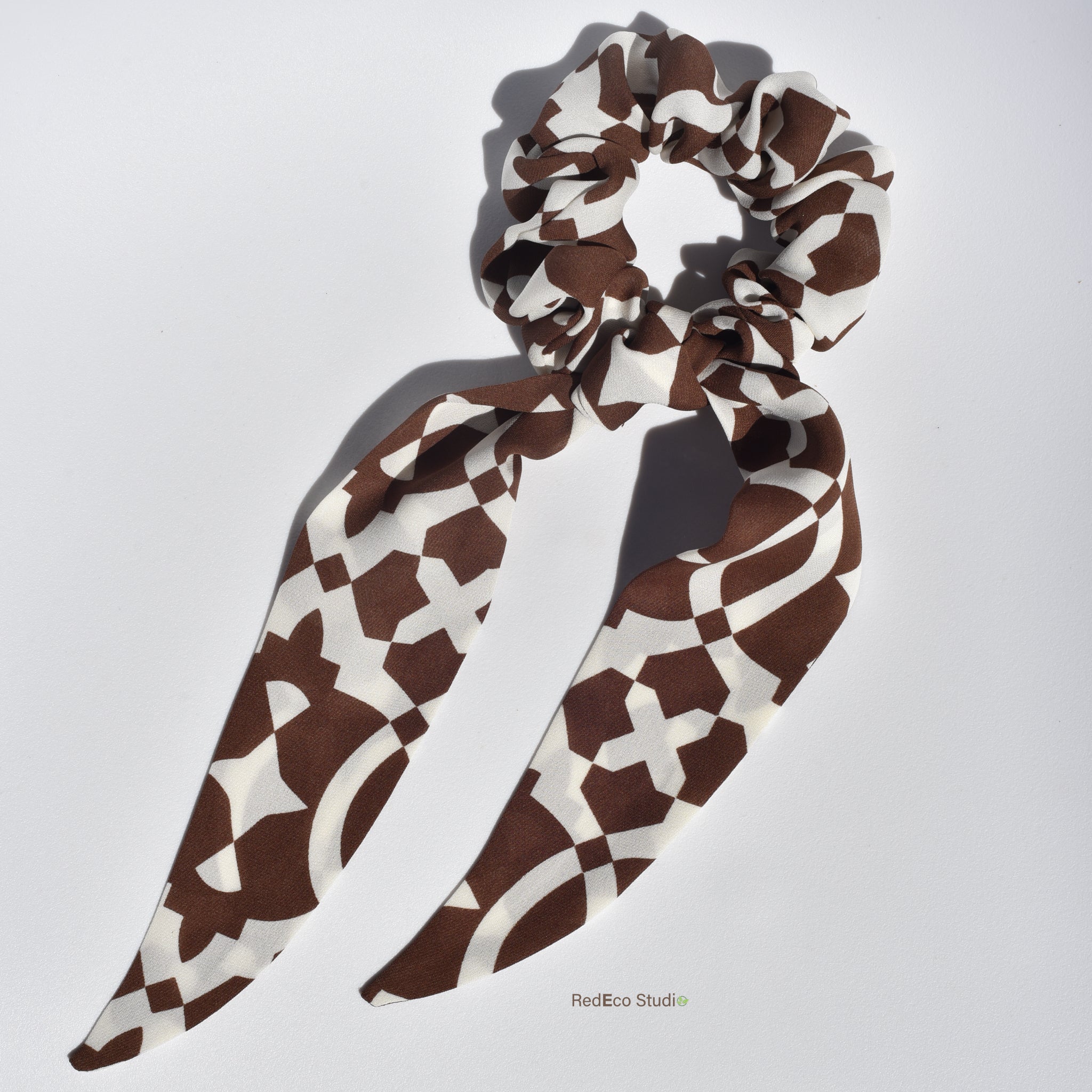 Classic 100% Silk Long Tail Scrunchie - Brown and Cream Abstract Pattern