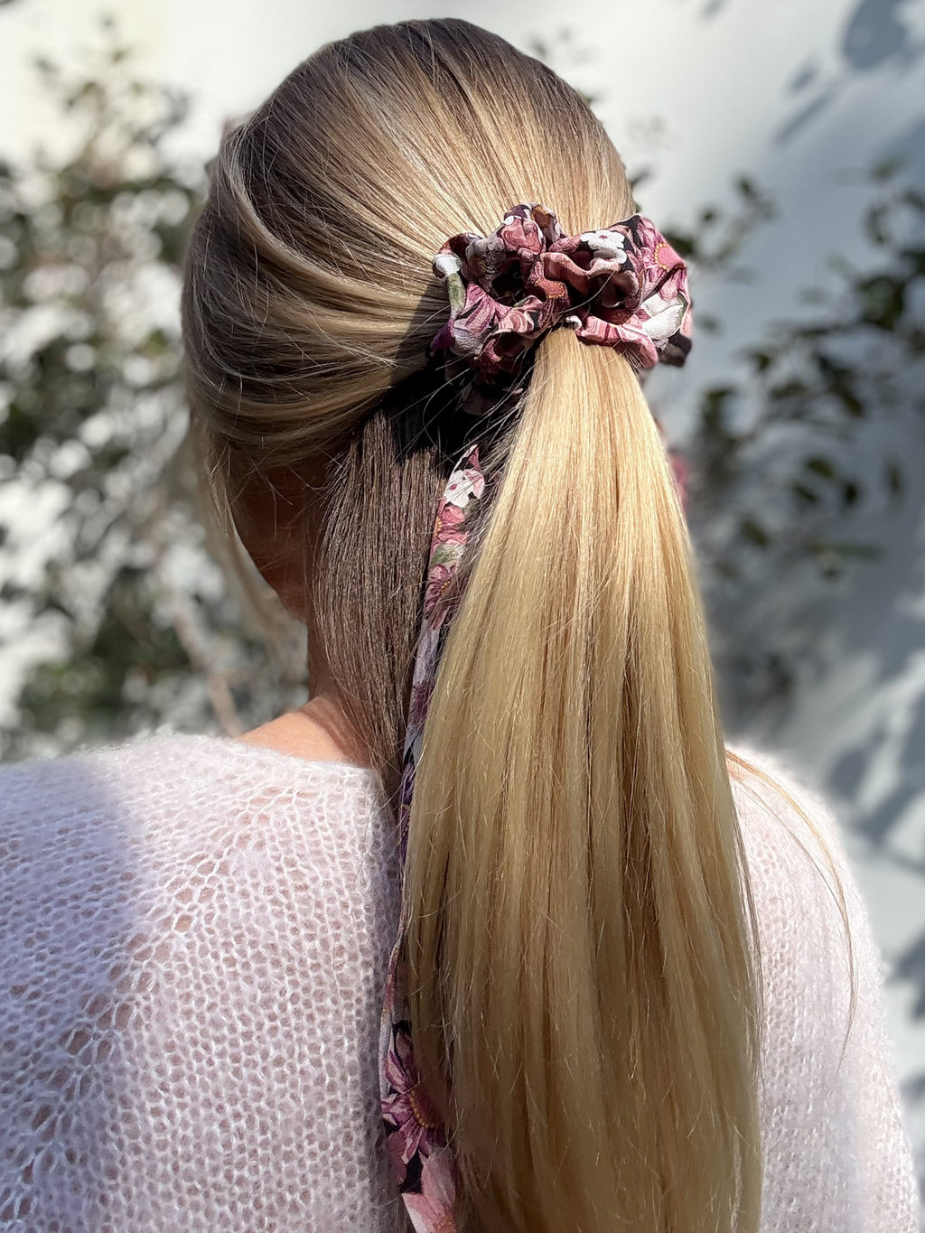 Classic 100% Silk Long Tail Scrunchie - Pink Floral Print on a black base