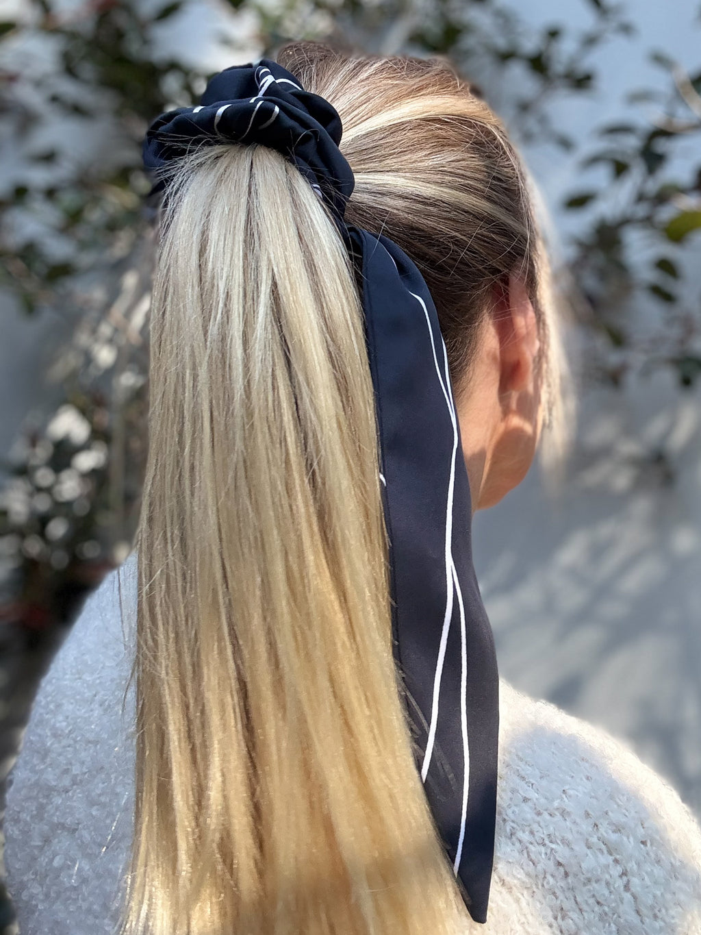 Classic 100% Silk Long Tail Scrunchie - White lines on a black base
