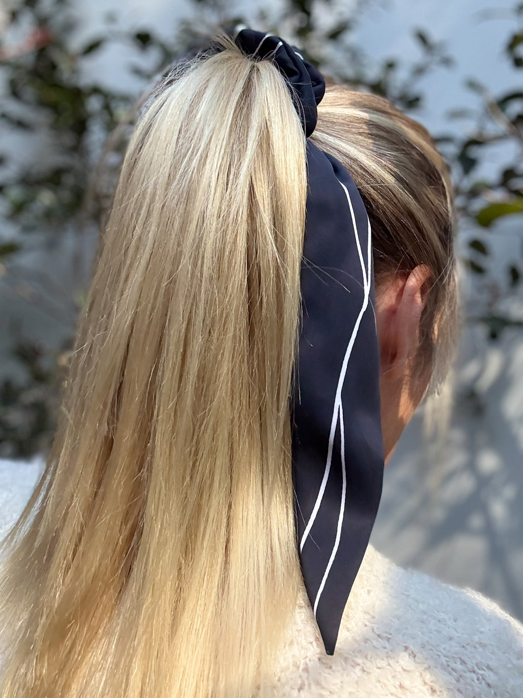 Classic 100% Silk Long Tail Scrunchie - White lines on a black base
