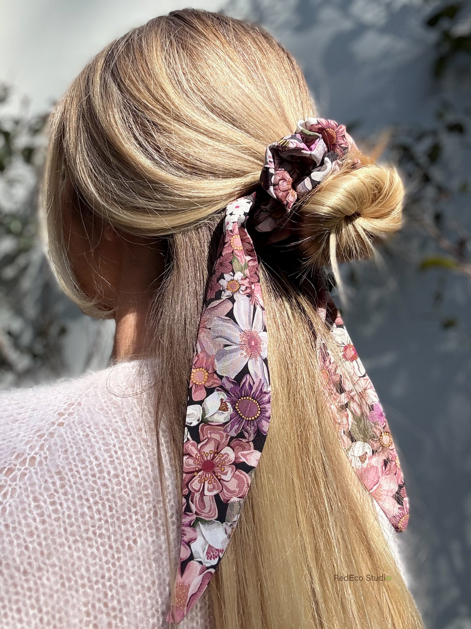 Classic 100% Silk Long Tail Scrunchie - Pink Floral Print on a black base