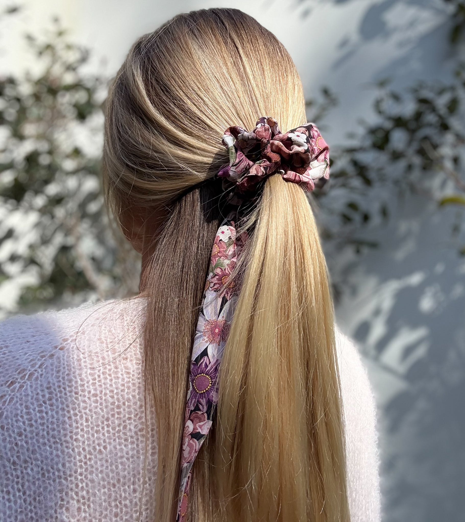 Classic 100% Silk Long Tail Scrunchie - Pink Floral Print on a black base