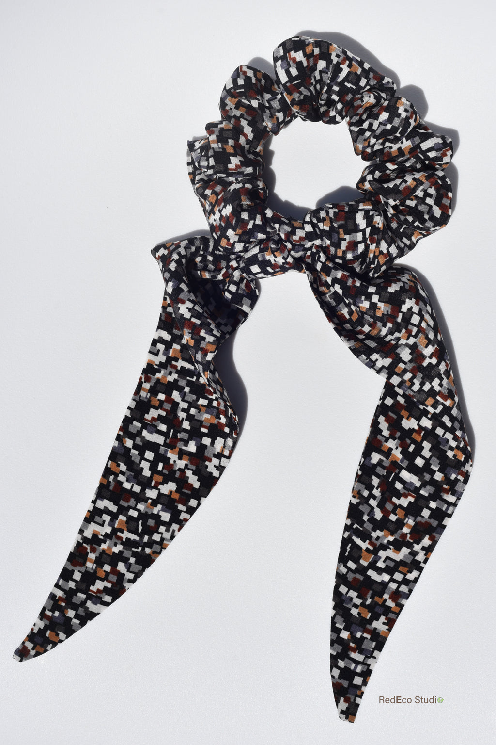 Classic 100% Long Tail Silk Scrunchie - Earthy geometric print