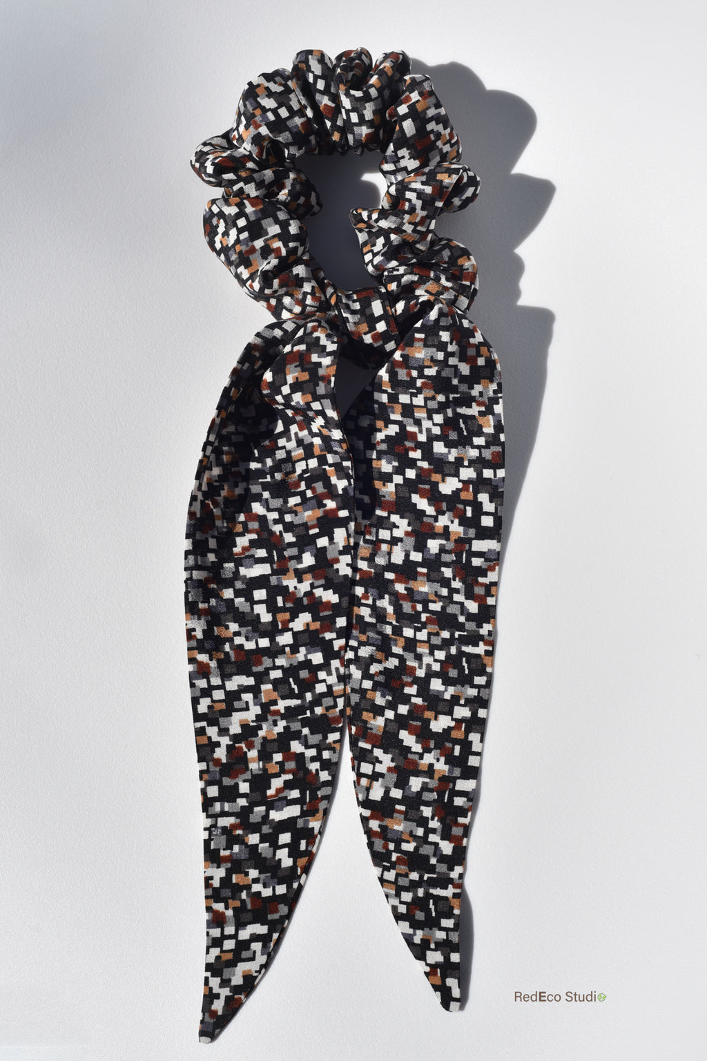 Classic 100% Long Tail Silk Scrunchie - Earthy geometric print