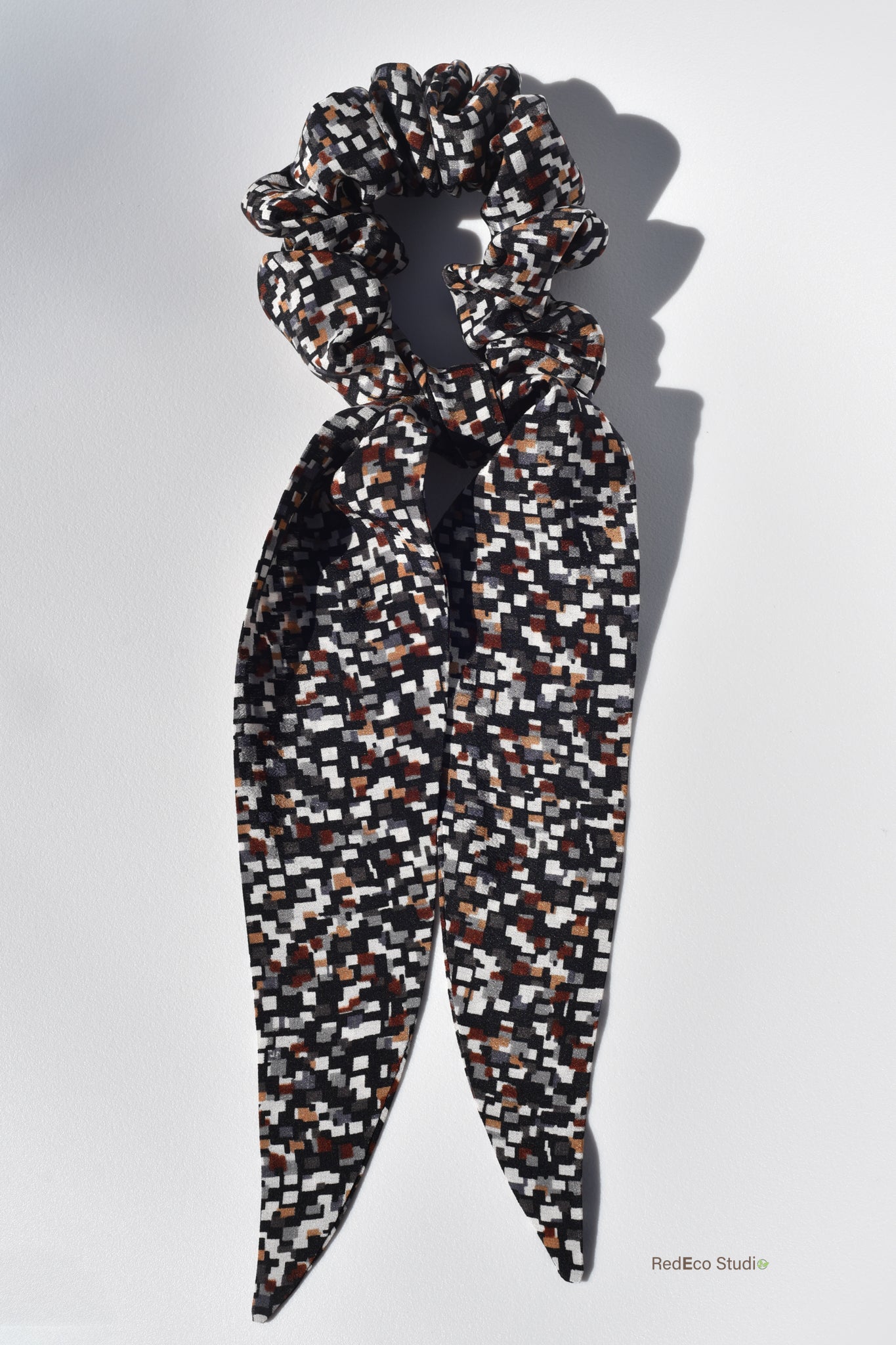 Classic 100% Long Tail Silk Scrunchie - Earthy geometric print