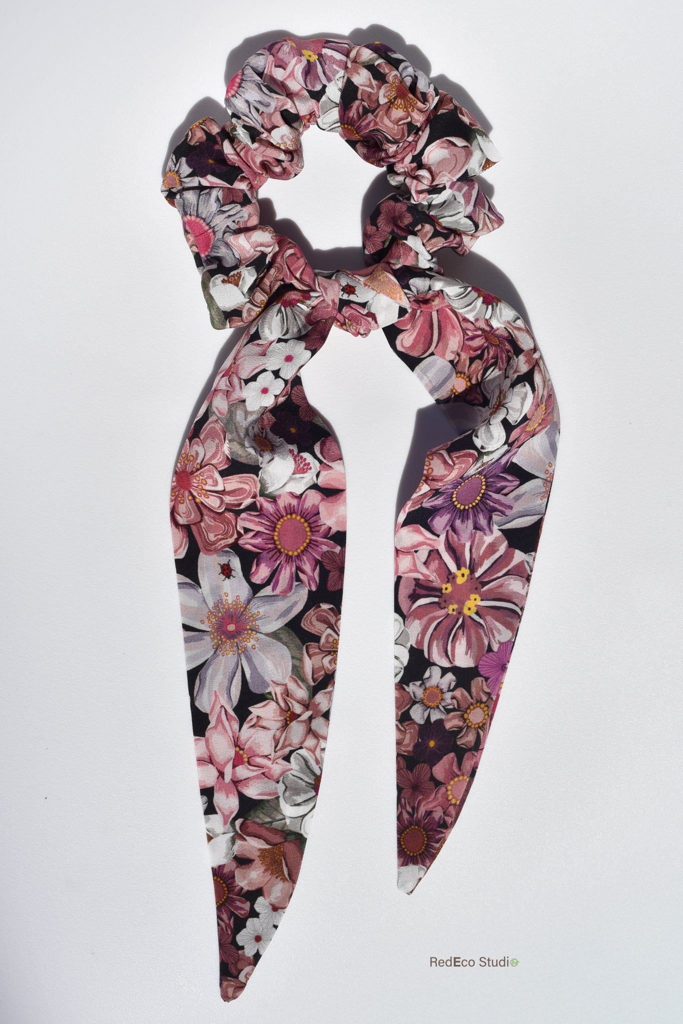 Classic 100% Silk Long Tail Scrunchie - Pink Floral Print on a black base