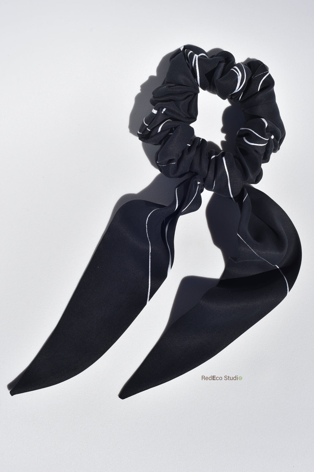 Classic 100% Silk Long Tail Scrunchie - White lines on a black base