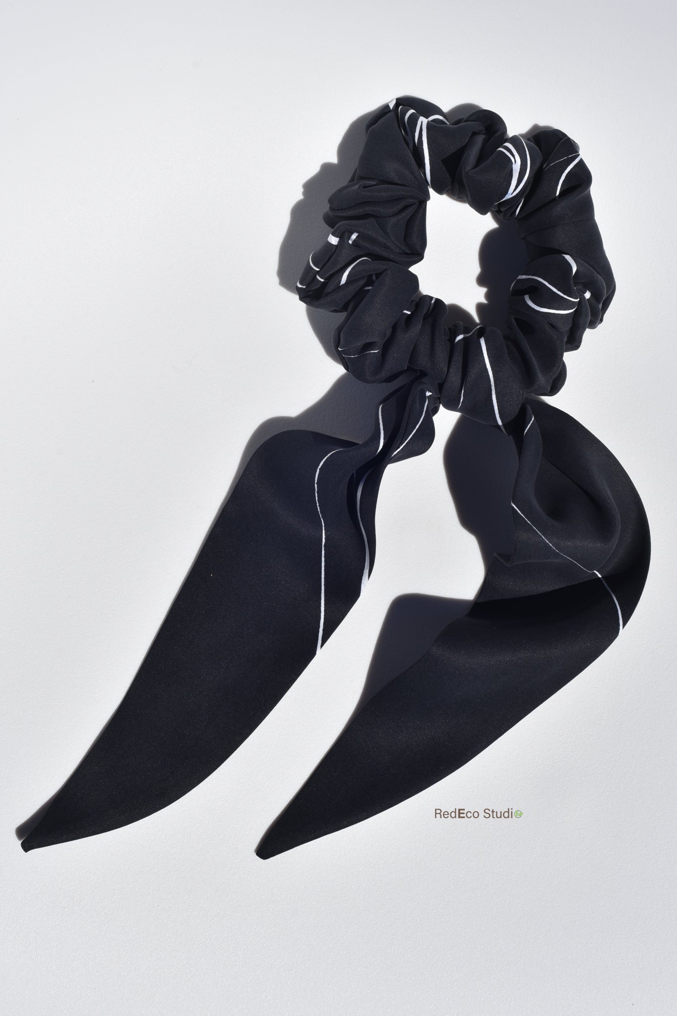 Classic 100% Silk Long Tail Scrunchie - White lines on a black base