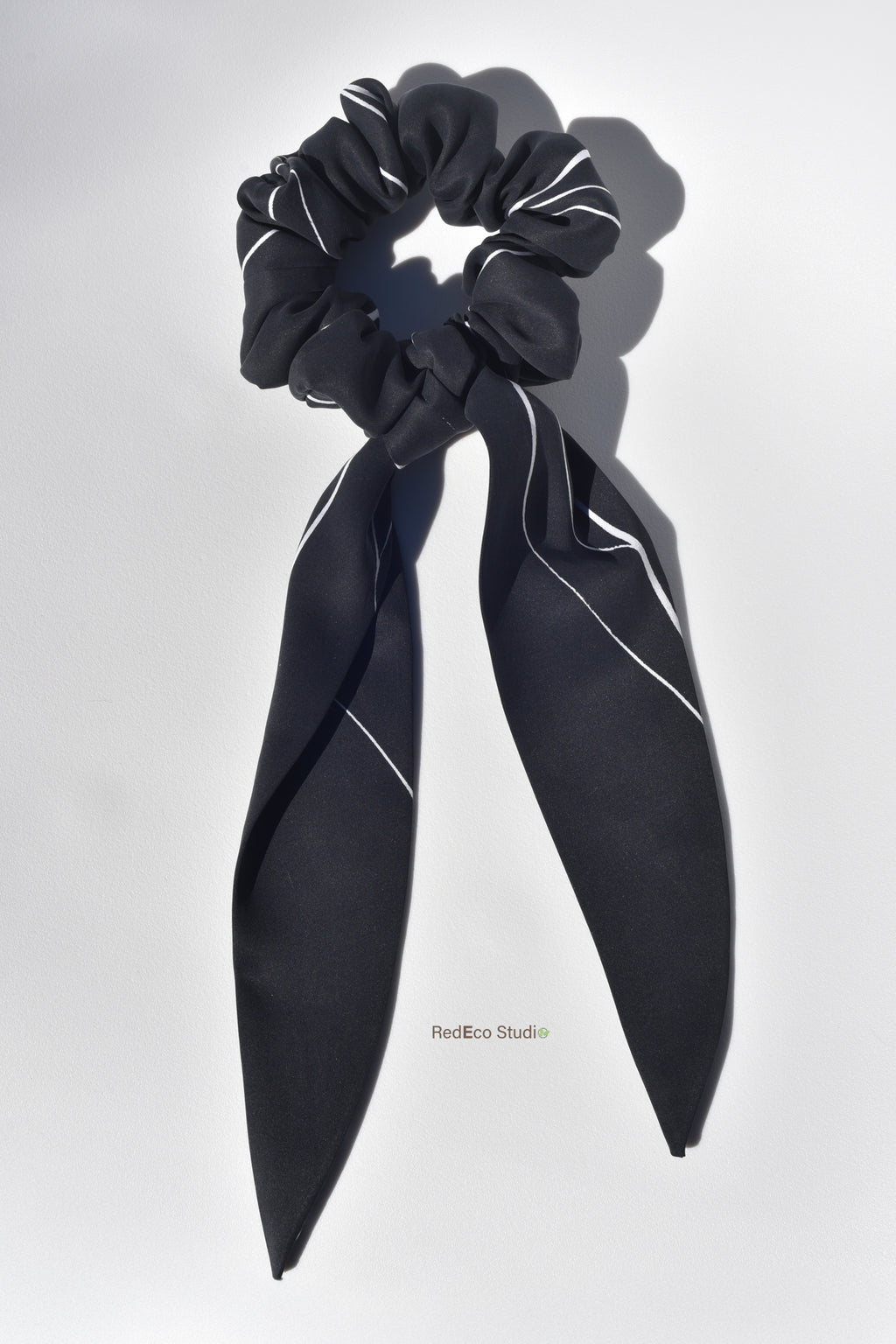 Classic 100% Silk Long Tail Scrunchie - White lines on a black base