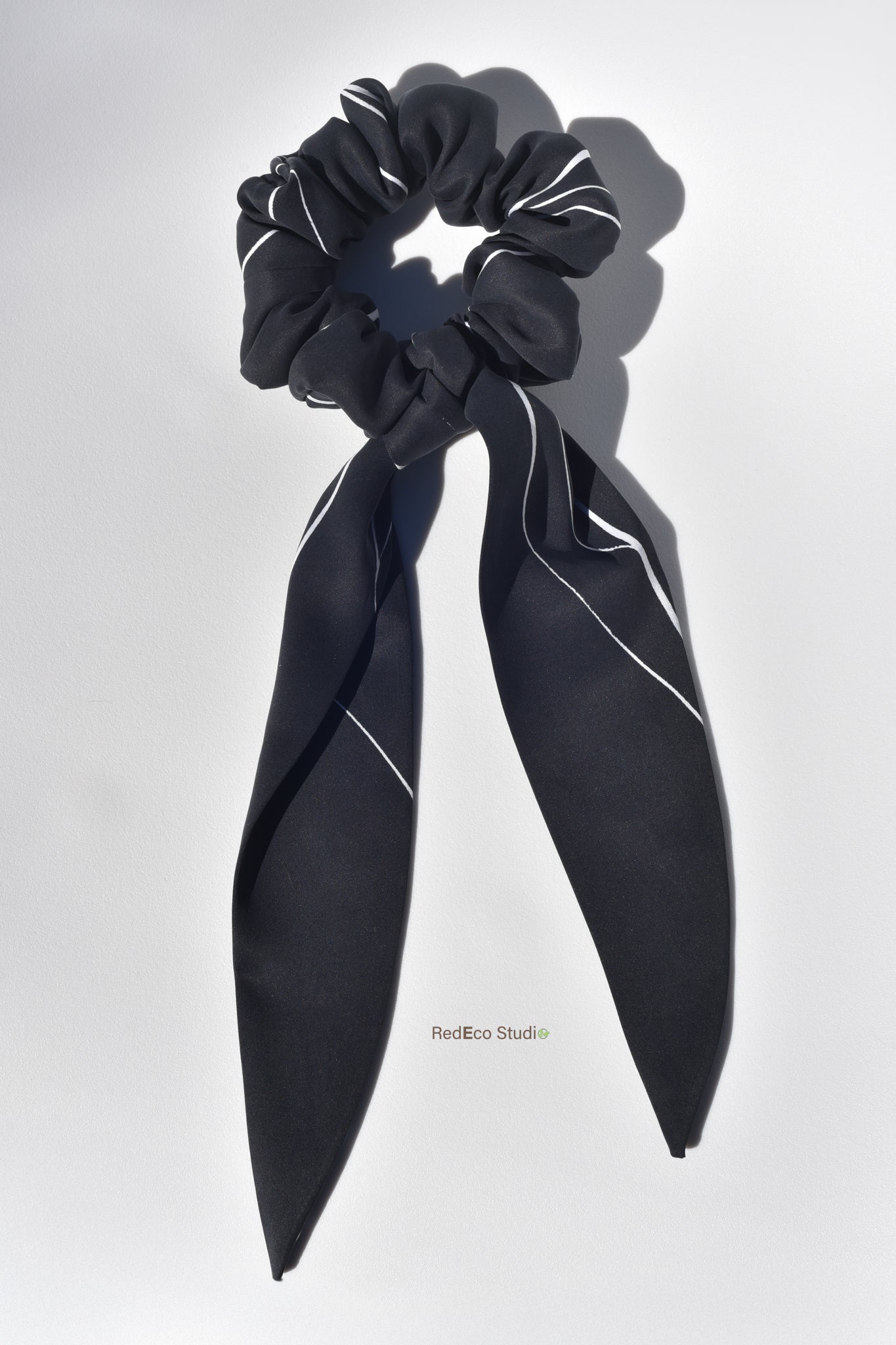 Classic 100% Silk Long Tail Scrunchie - White lines on a black base