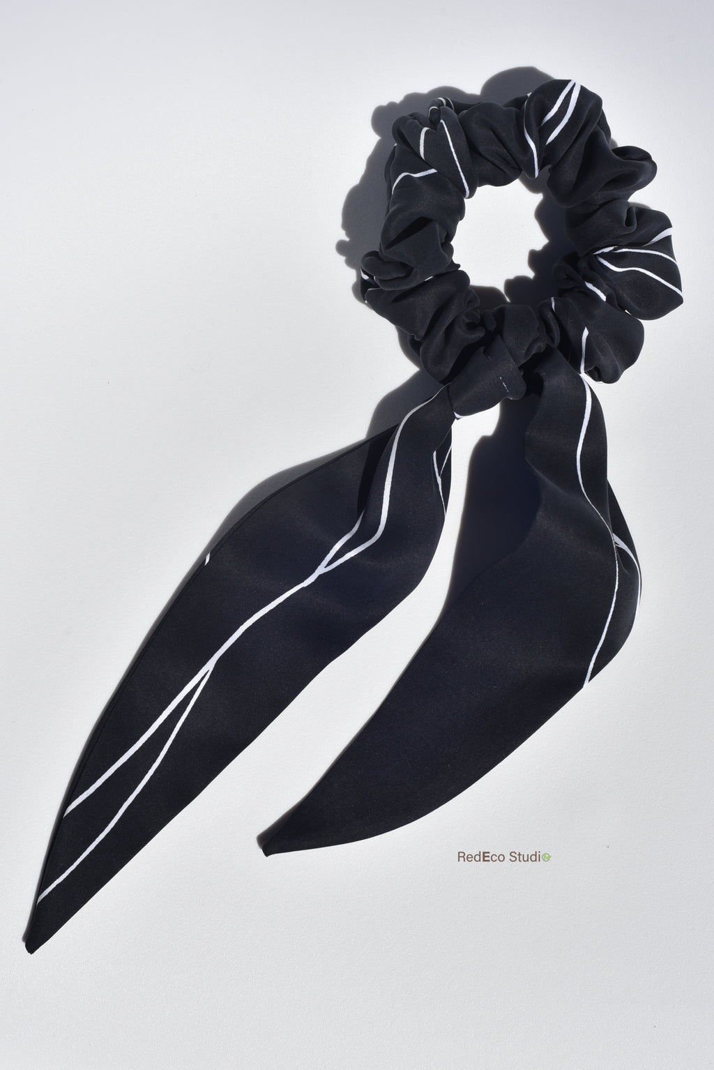 Classic 100% Silk Long Tail Scrunchie - White lines on a black base