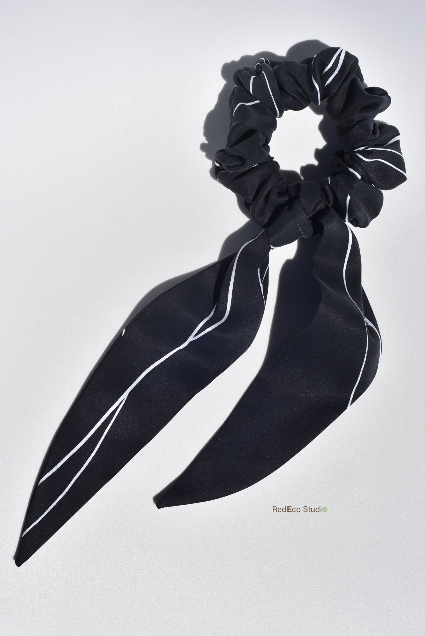 Classic 100% Silk Long Tail Scrunchie - White lines on a black base
