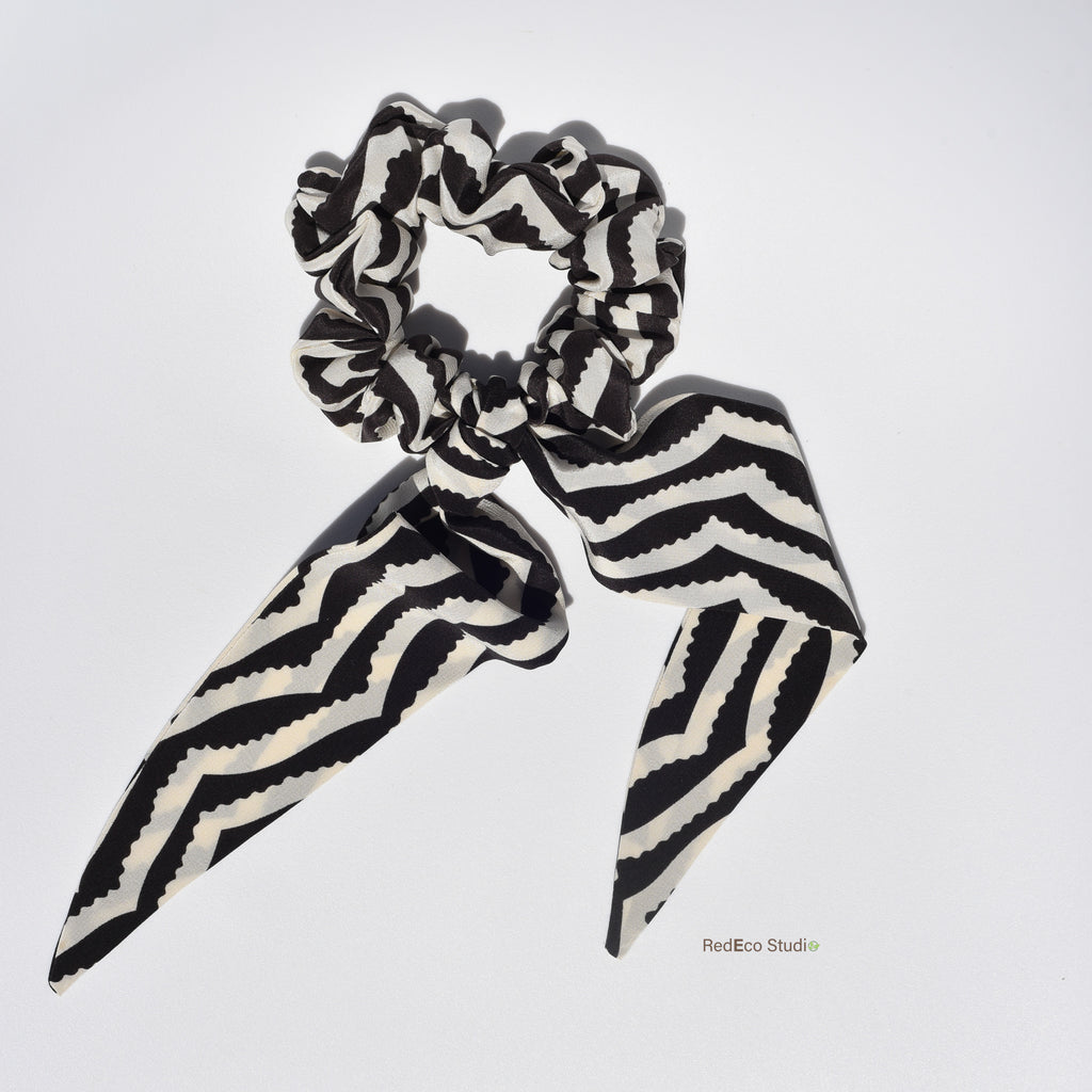 Classic 100% Silk Long Tail Scrunchie - Black and white chevron