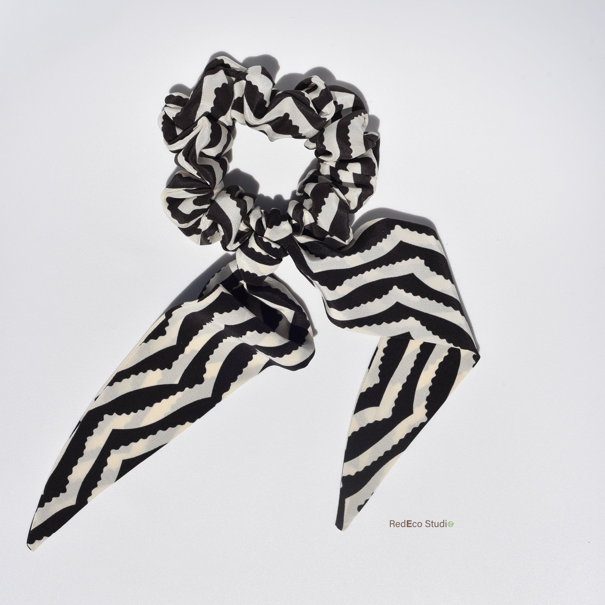 Classic 100% Silk Long Tail Scrunchie - Black and white chevron