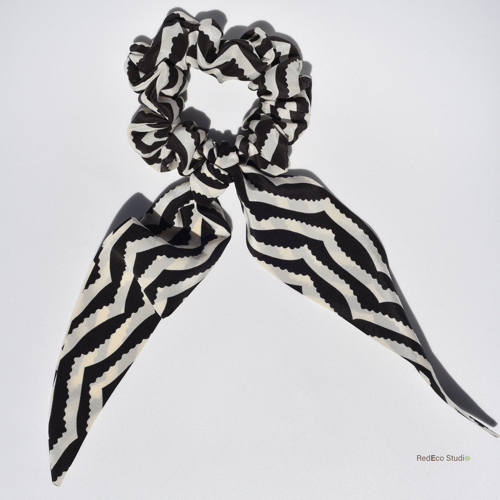 Classic 100% Silk Long Tail Scrunchie - Black and white chevron