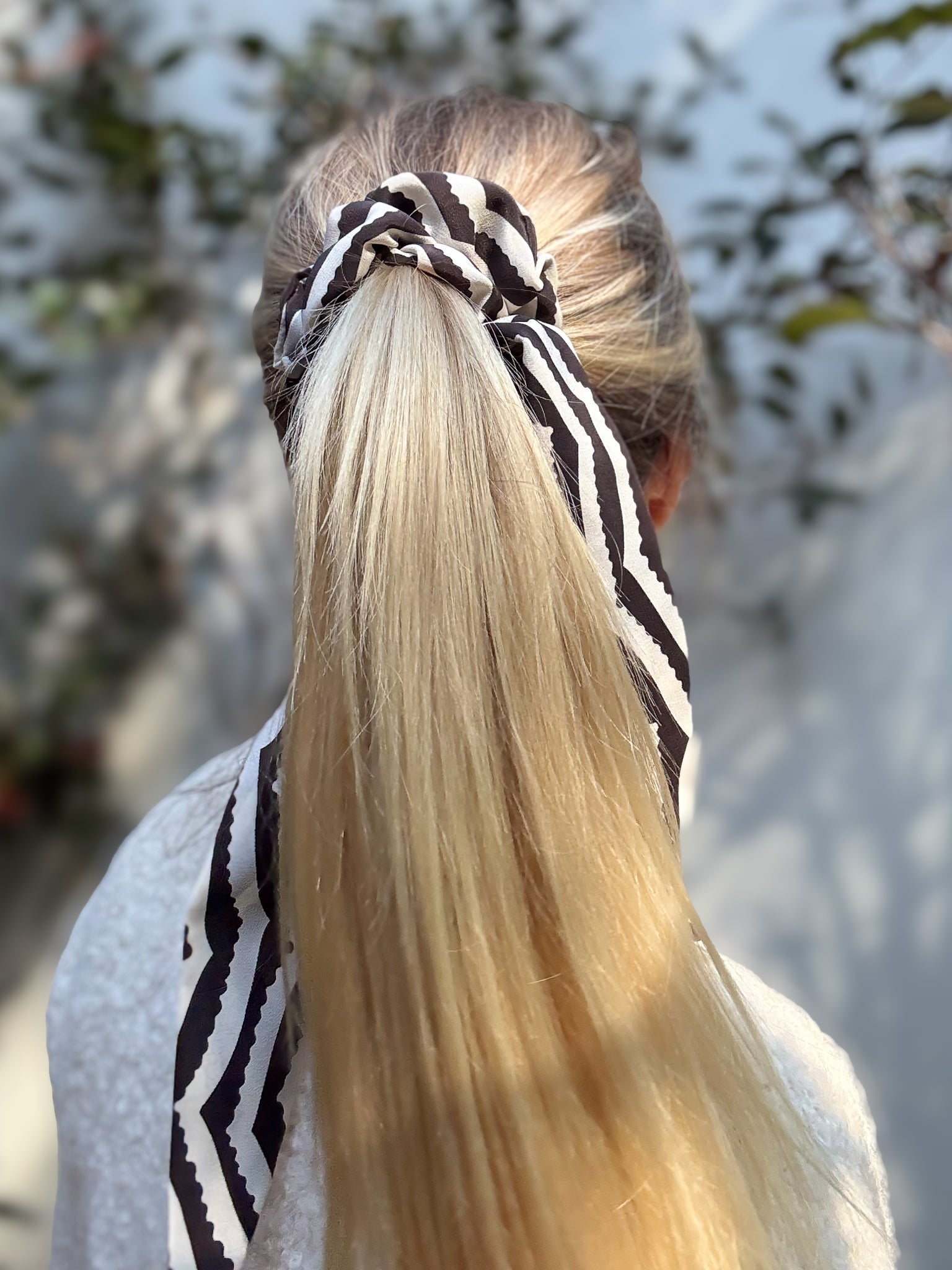 Classic 100% Silk Long Tail Scrunchie - Black and white chevron