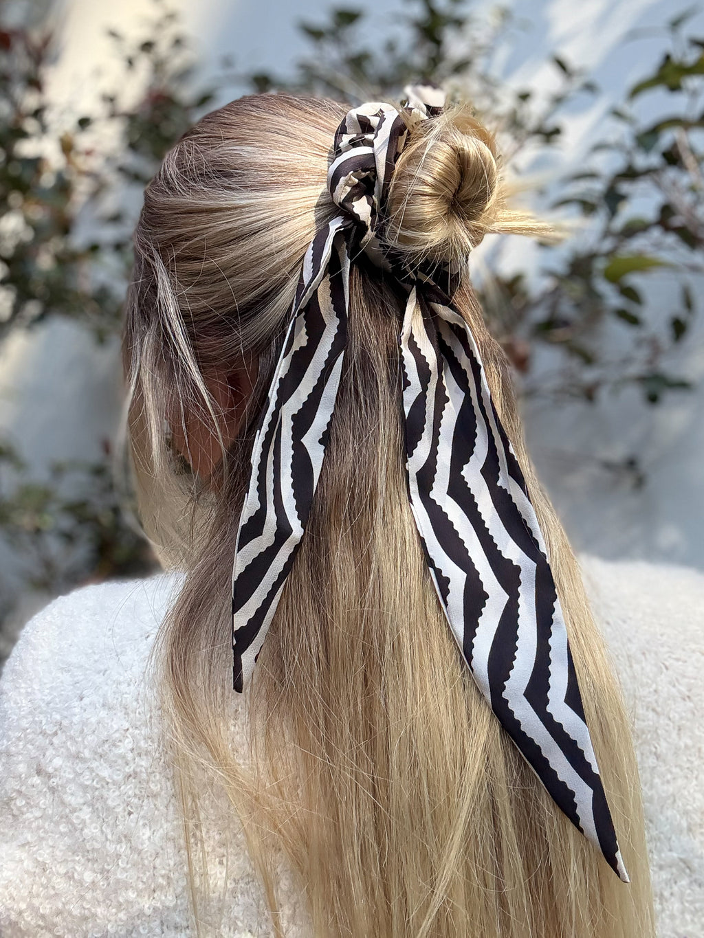 Classic 100% Silk Long Tail Scrunchie - Black and white chevron