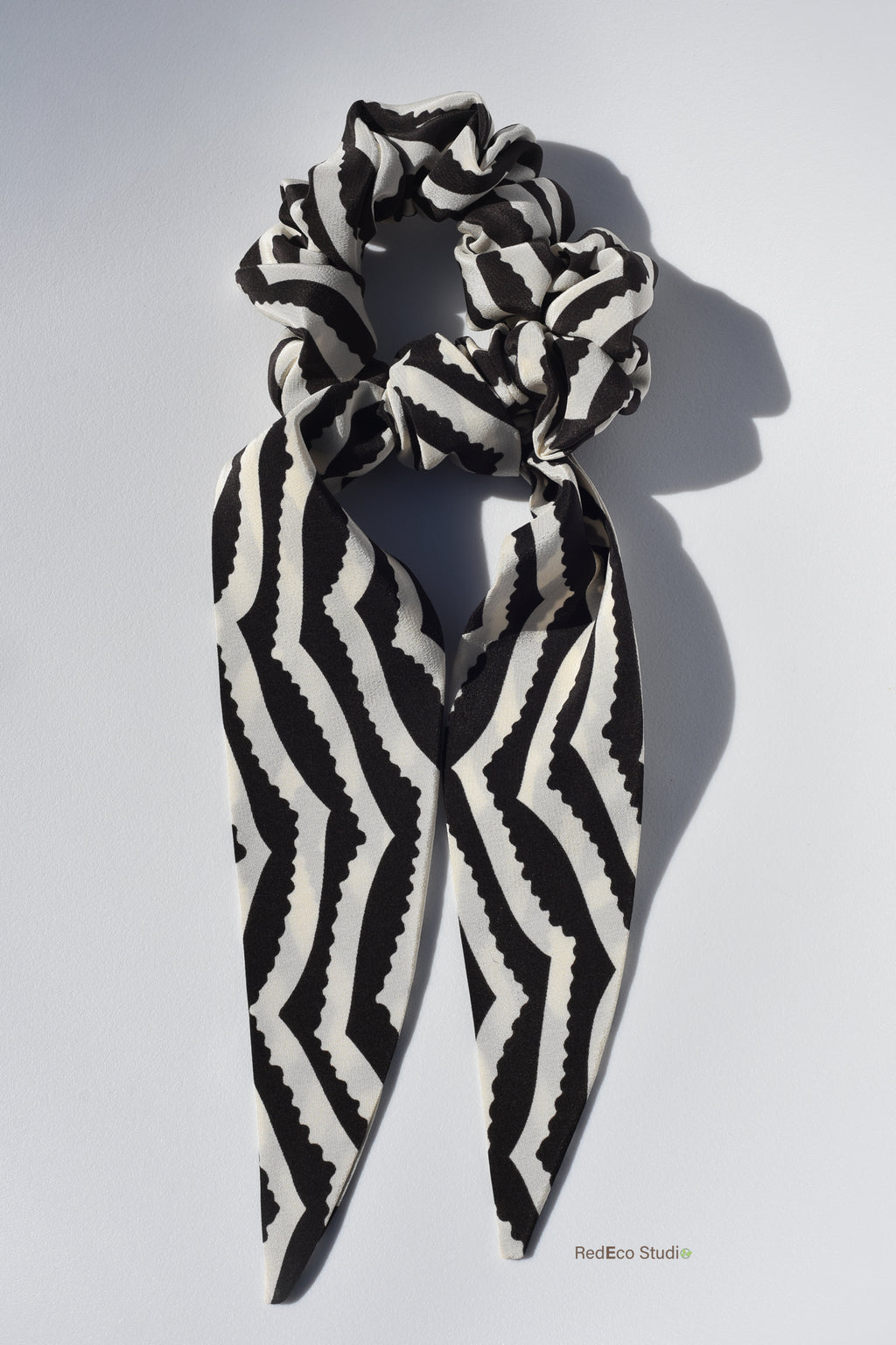 Classic 100% Silk Long Tail Scrunchie - Black and white chevron