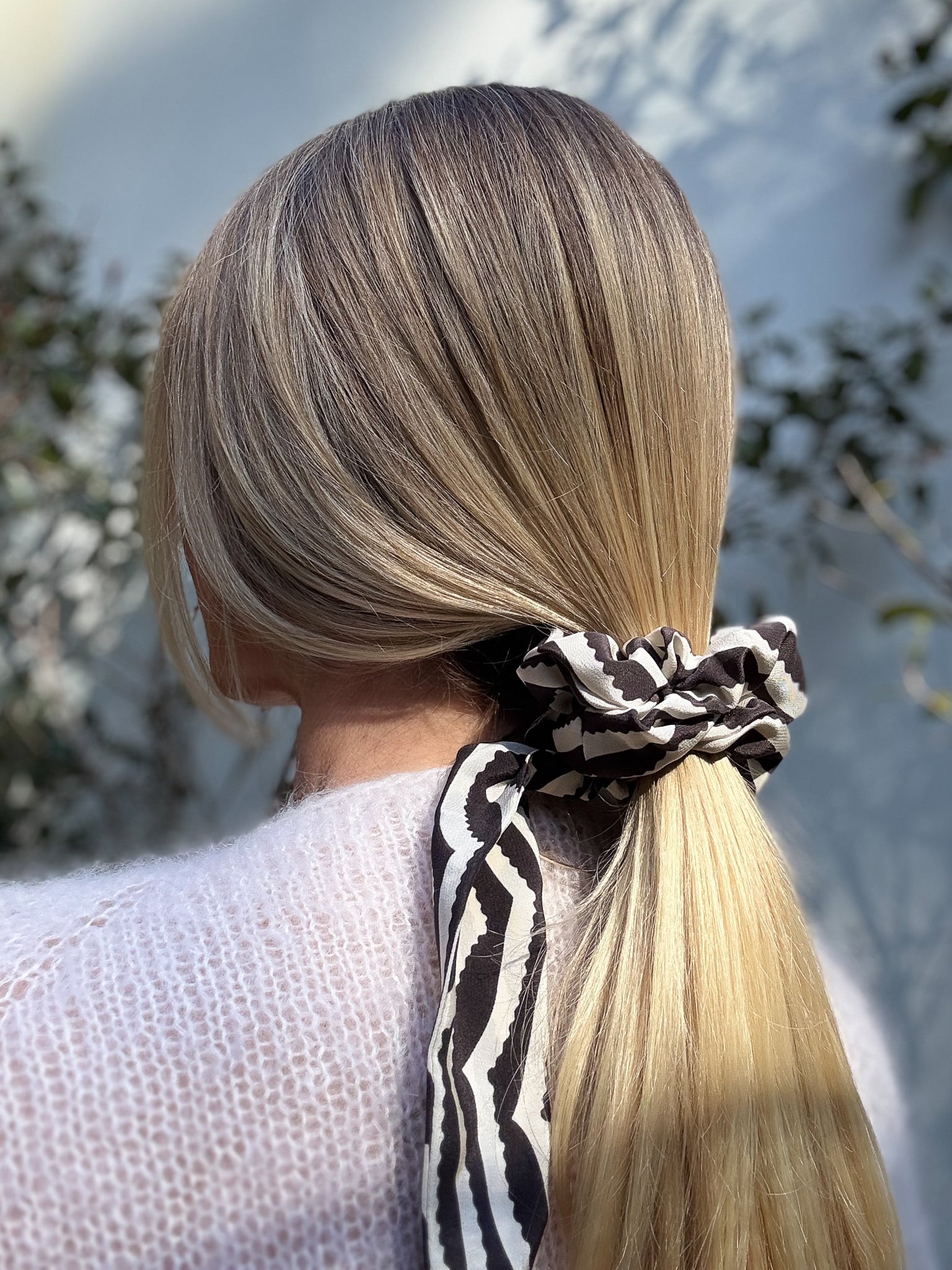 Classic 100% Silk Long Tail Scrunchie - Black and white chevron