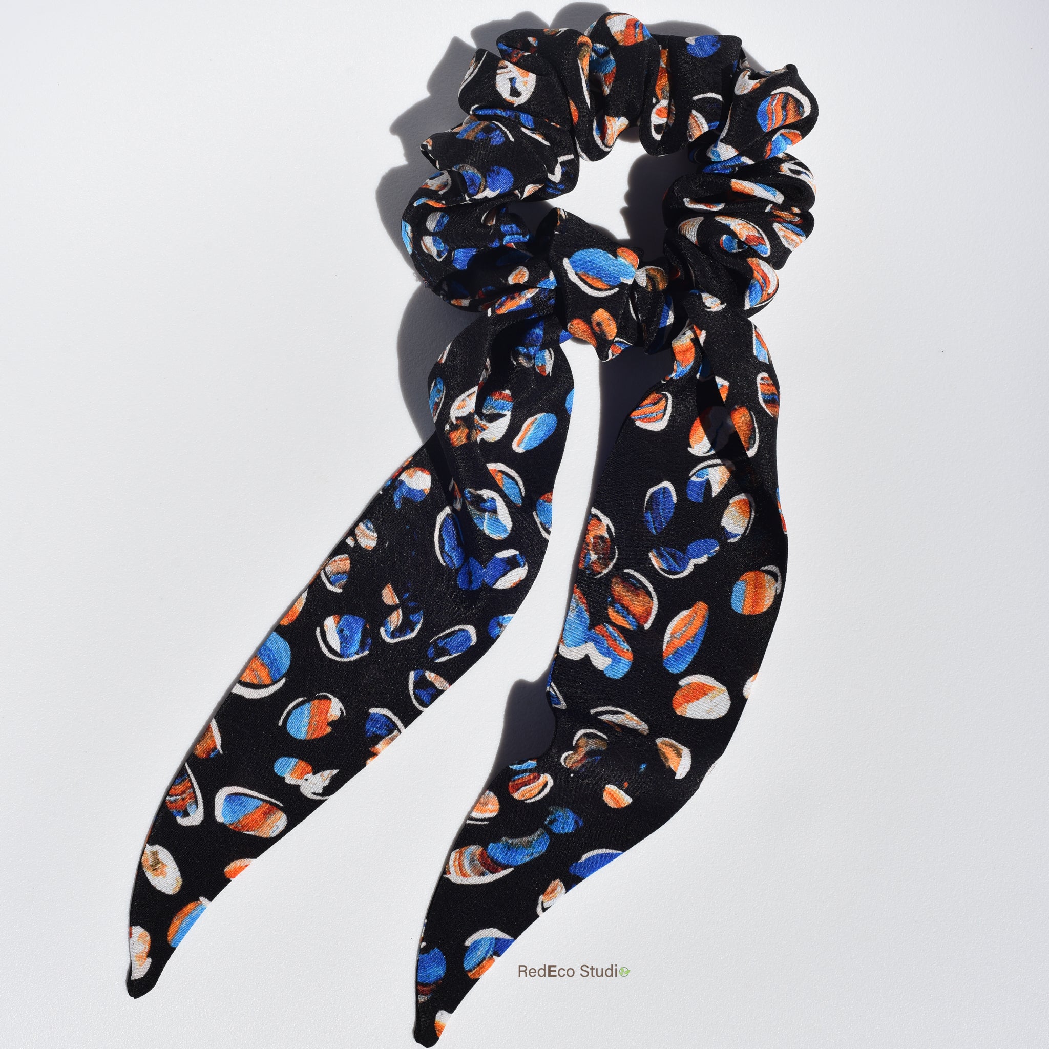 Classic 100% Silk Long Tail Scrunchie - Pebbles on a navy blue base