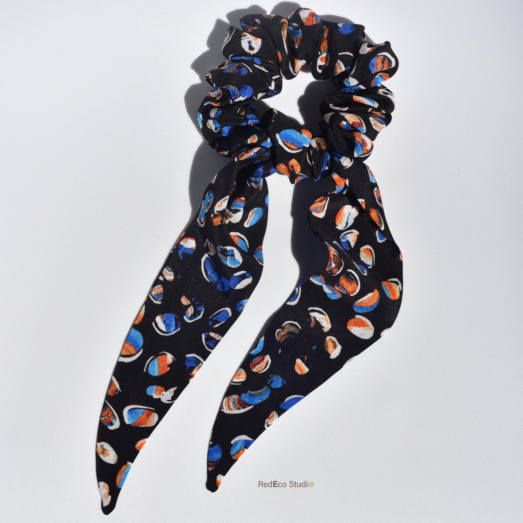 Classic 100% Silk Long Tail Scrunchie - Pebbles on a navy blue base