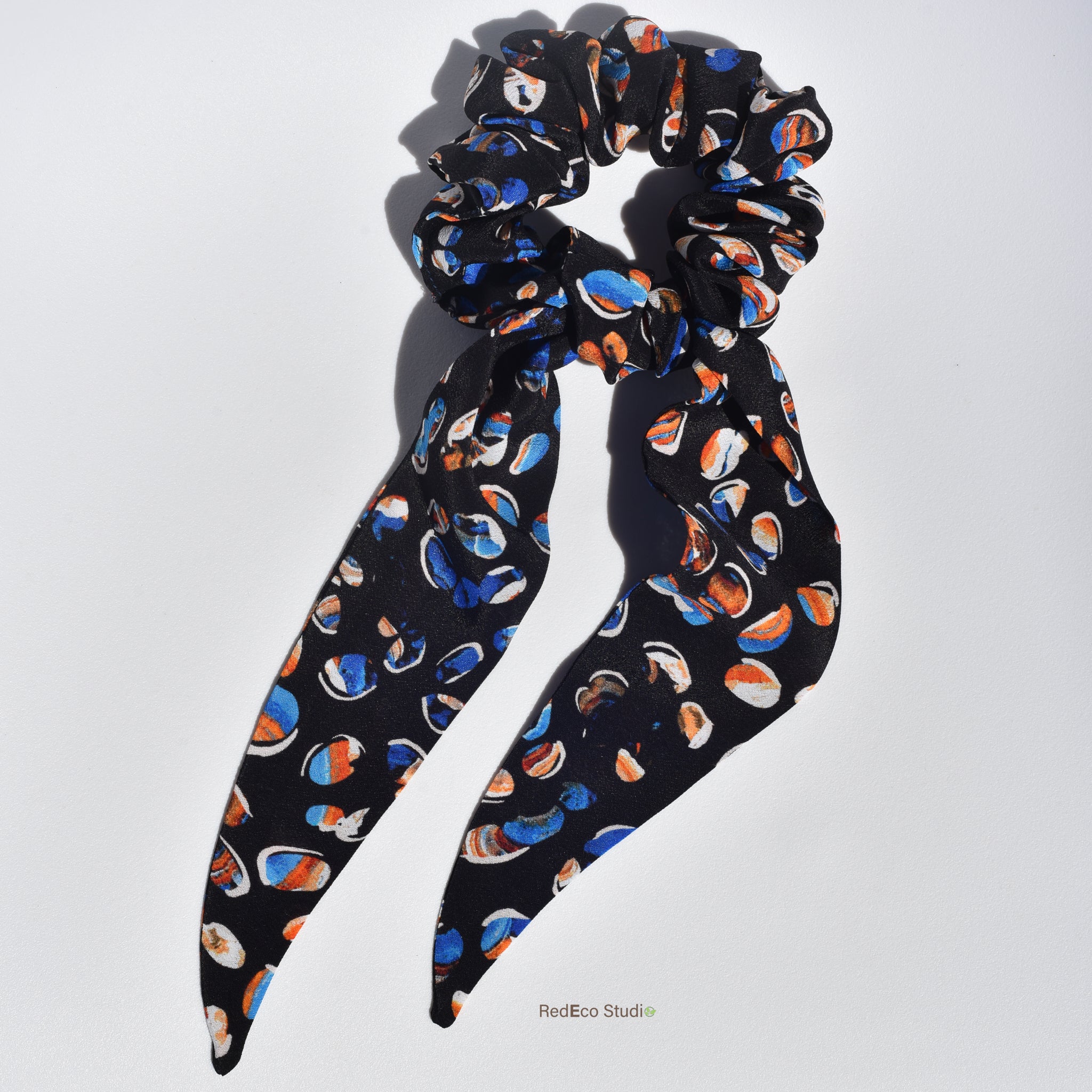 Classic 100% Silk Long Tail Scrunchie - Pebbles on a navy blue base