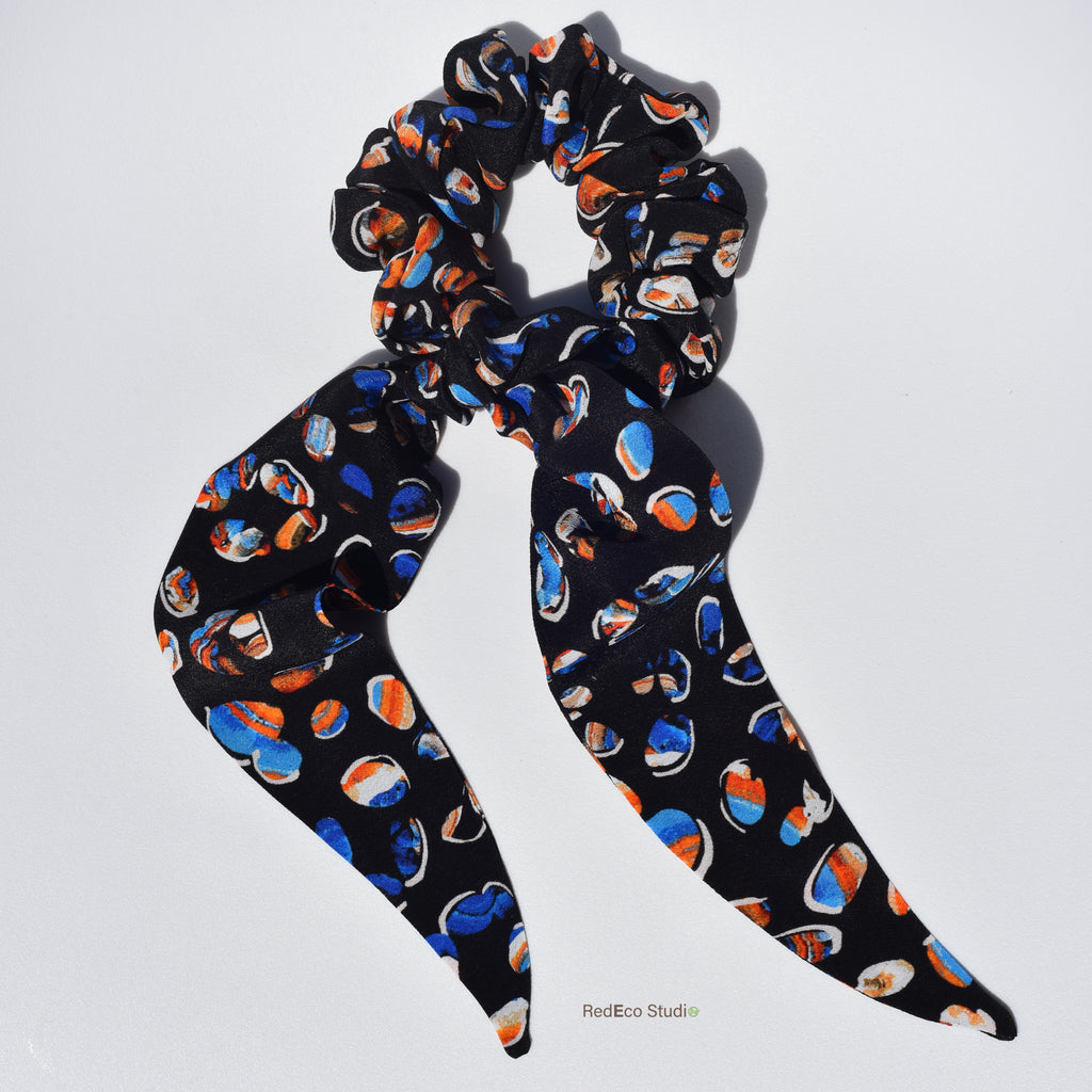 Classic 100% Silk Long Tail Scrunchie - Pebbles on a navy blue base