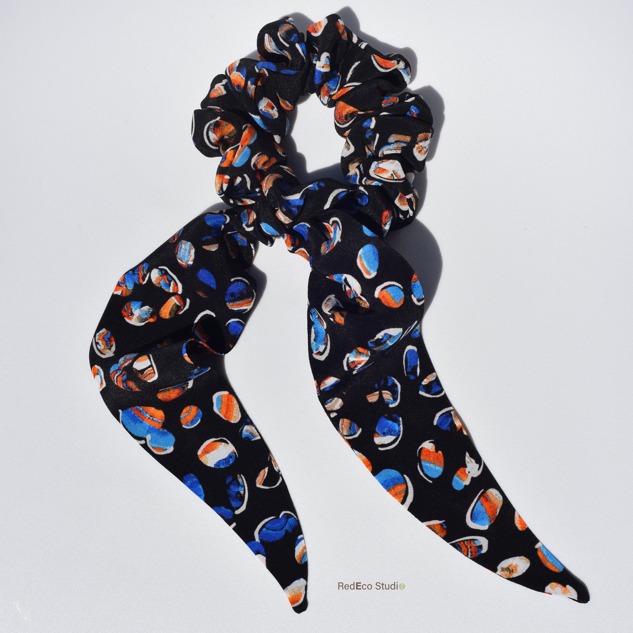 Classic 100% Silk Long Tail Scrunchie - Pebbles on a navy blue base