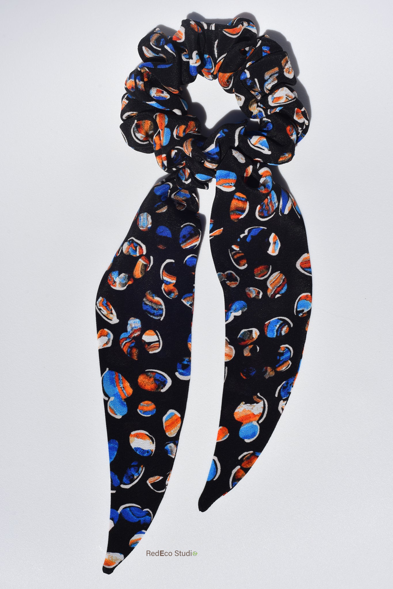 Classic 100% Silk Long Tail Scrunchie - Pebbles on a navy blue base