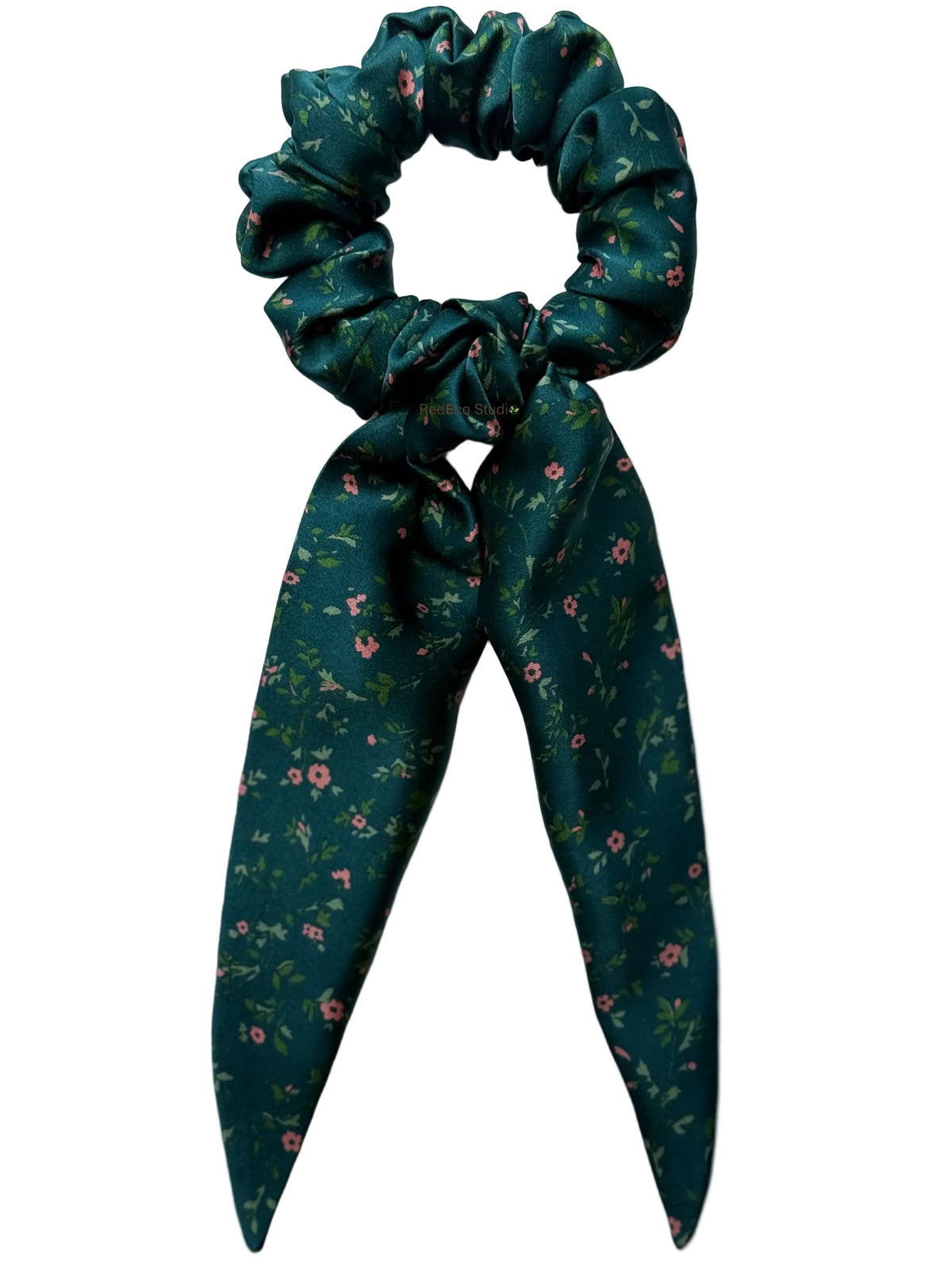 Emerald Posy classic silk scarf scrunchie with detachable tails, flat lay showing coral flowers and leaves on emerald green