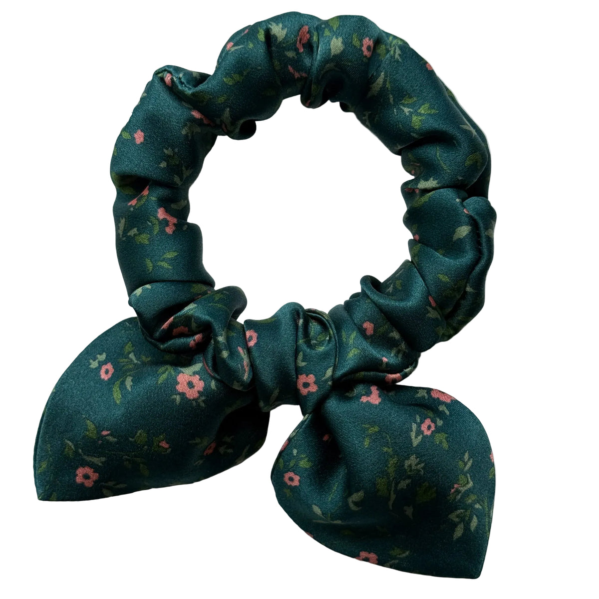 Emerald Posy mini silk bow scrunchie with a detachable bow, flat lay showing tiny coral flowers and leaves on deep emerald green