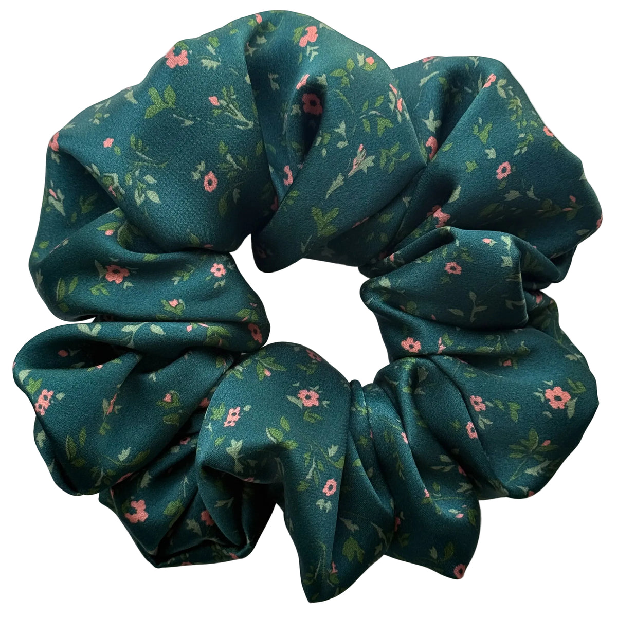 Emerald Posy oversized pure silk satin scrunchie, flat lay top view showing tiny coral flowers and leaves on deep emerald green