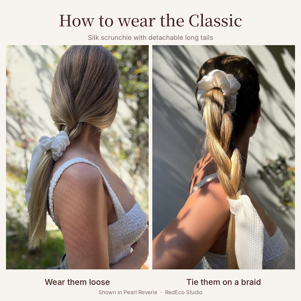 How to wear a long tail silk scrunchie — tails worn loose or tied on a braid, shown in Pearl Reverie | RedEco Studio