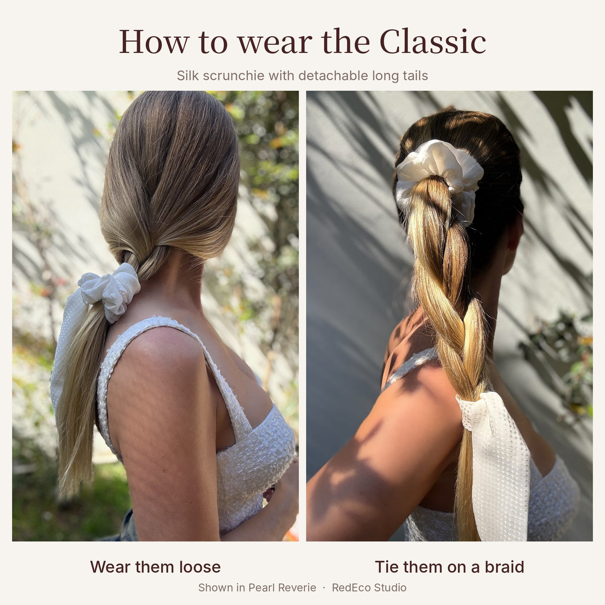 How to wear a long tail silk scrunchie — tails worn loose or tied on a braid, shown in Pearl Reverie | RedEco Studio