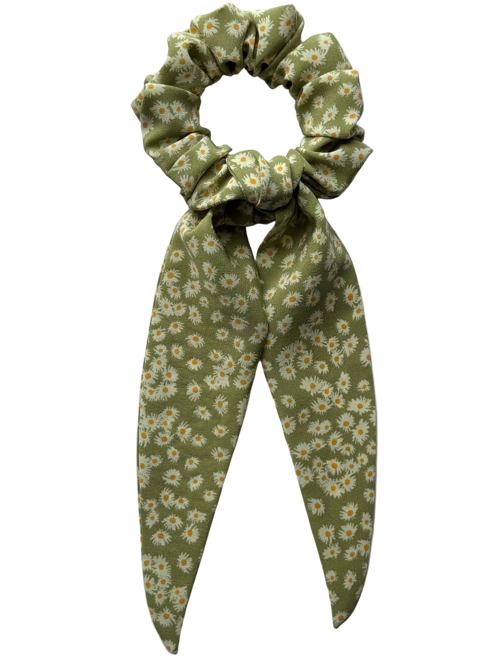 Matcha Daisy classic silk scarf scrunchie with detachable tails, flat lay showing tiny cream and yellow daisies on sage green