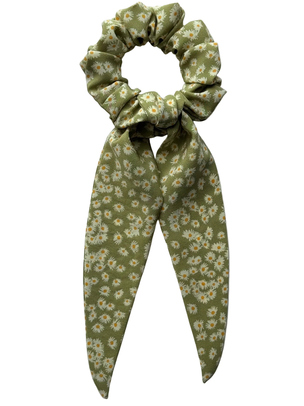 Matcha Daisy classic silk scarf scrunchie with detachable tails, flat lay showing tiny cream and yellow daisies on sage green