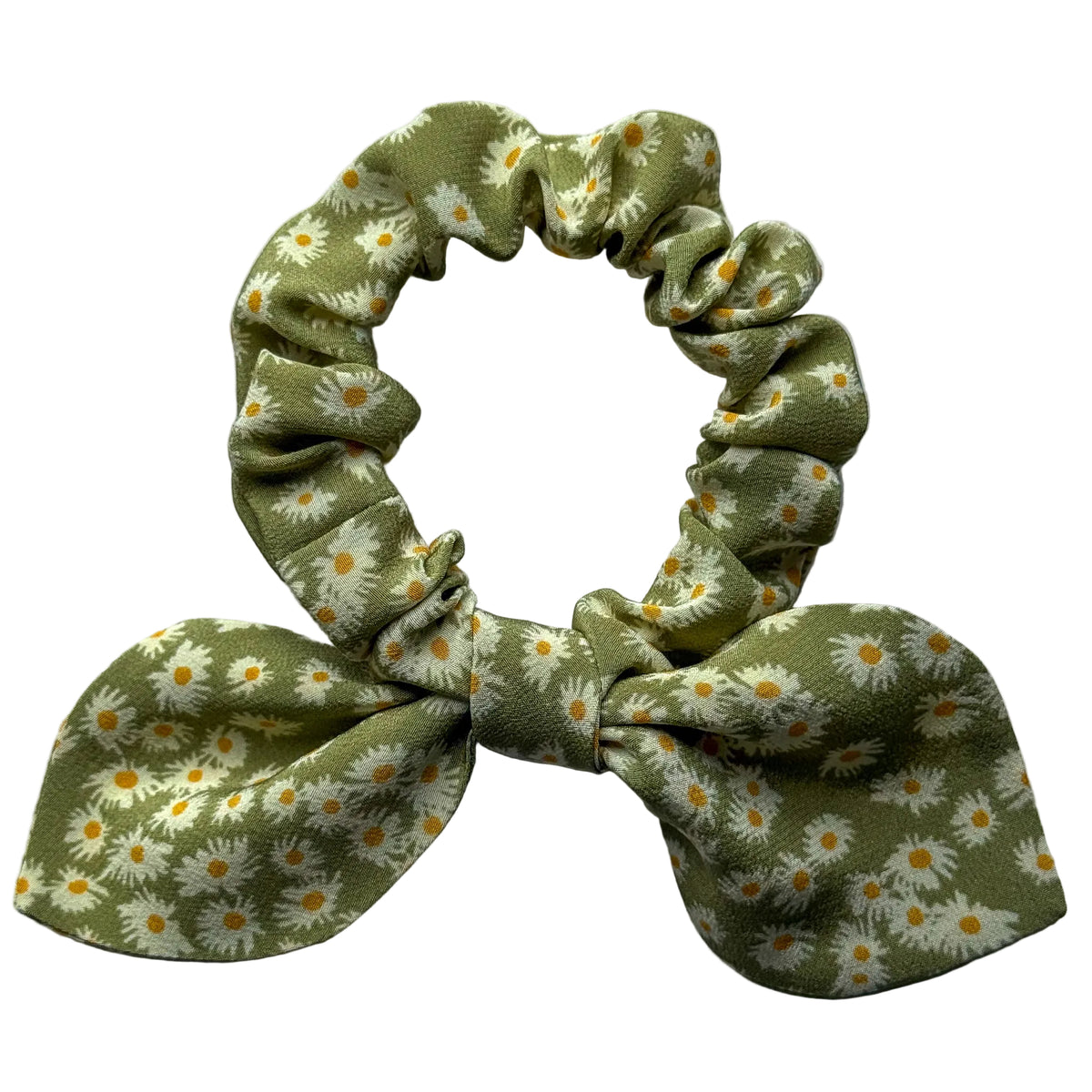 Matcha Daisy mini silk bow scrunchie, flat lay top view showing the bow and tiny cream and yellow daisies on sage green