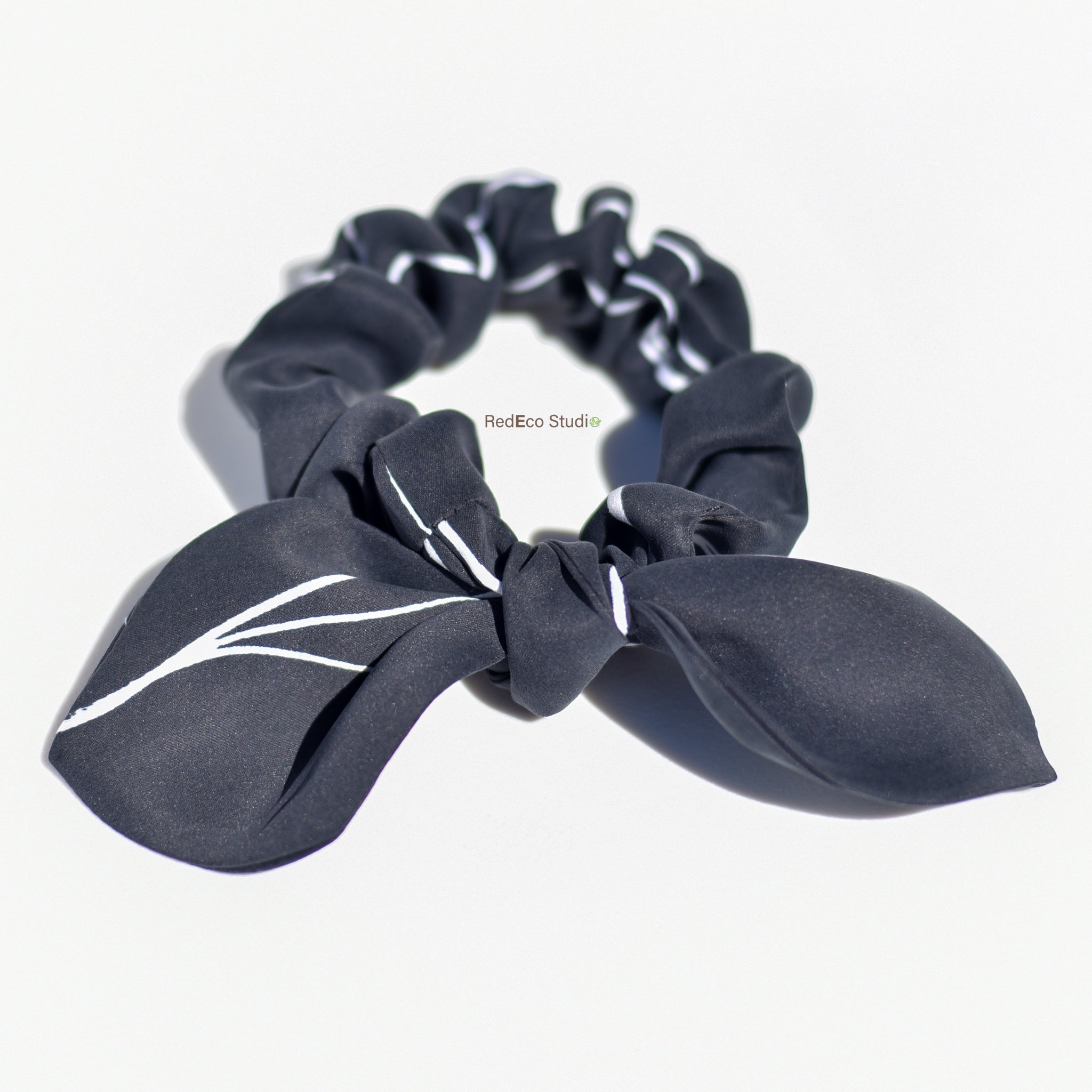 Mini 100% Silk Bow Scrunchie - White lines on a black base