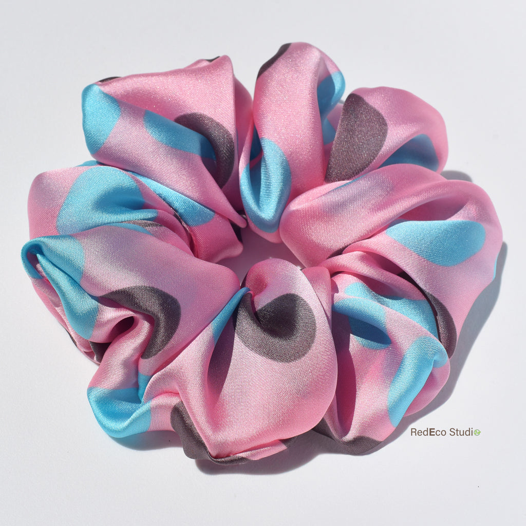 Oversized 100% Silk Scrunchie - Brown and Blue Spots on a Pink Base