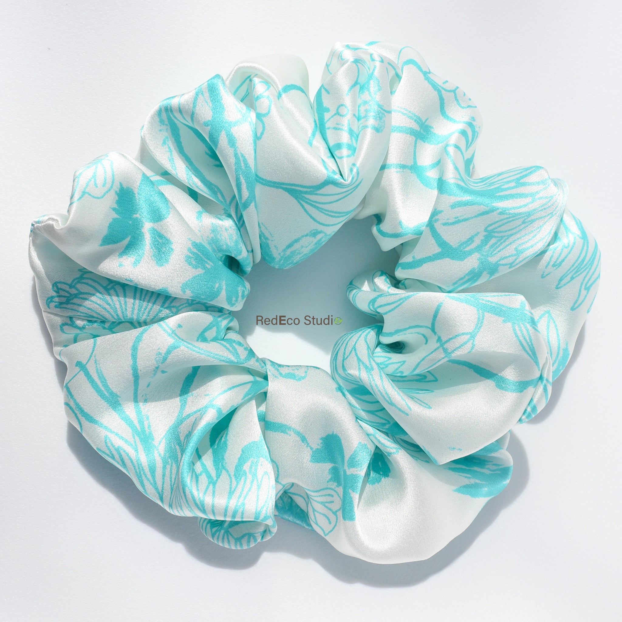 Oversized 100% Silk Scrunchie - Tahitian blue Flowers on a White Base