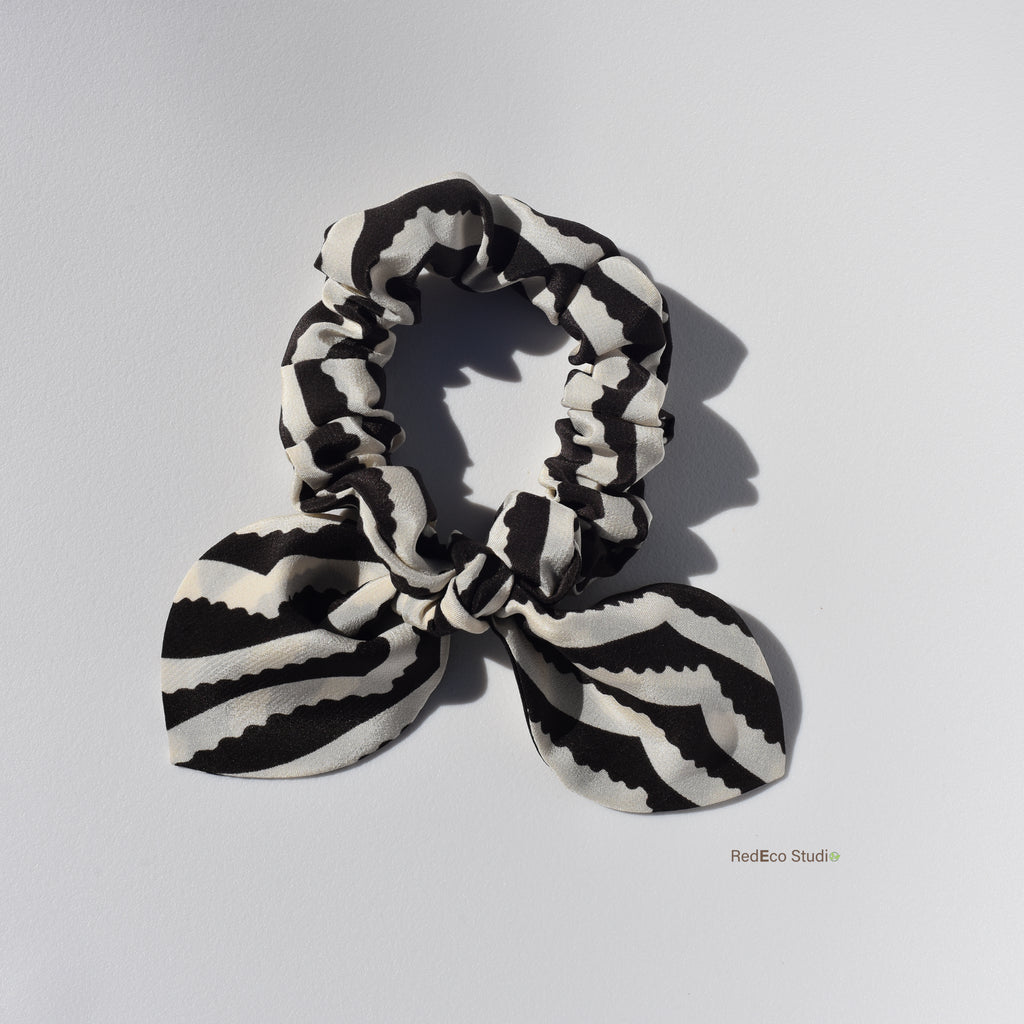 Mini 100% Silk Bow Scrunchie - Black and white chevron