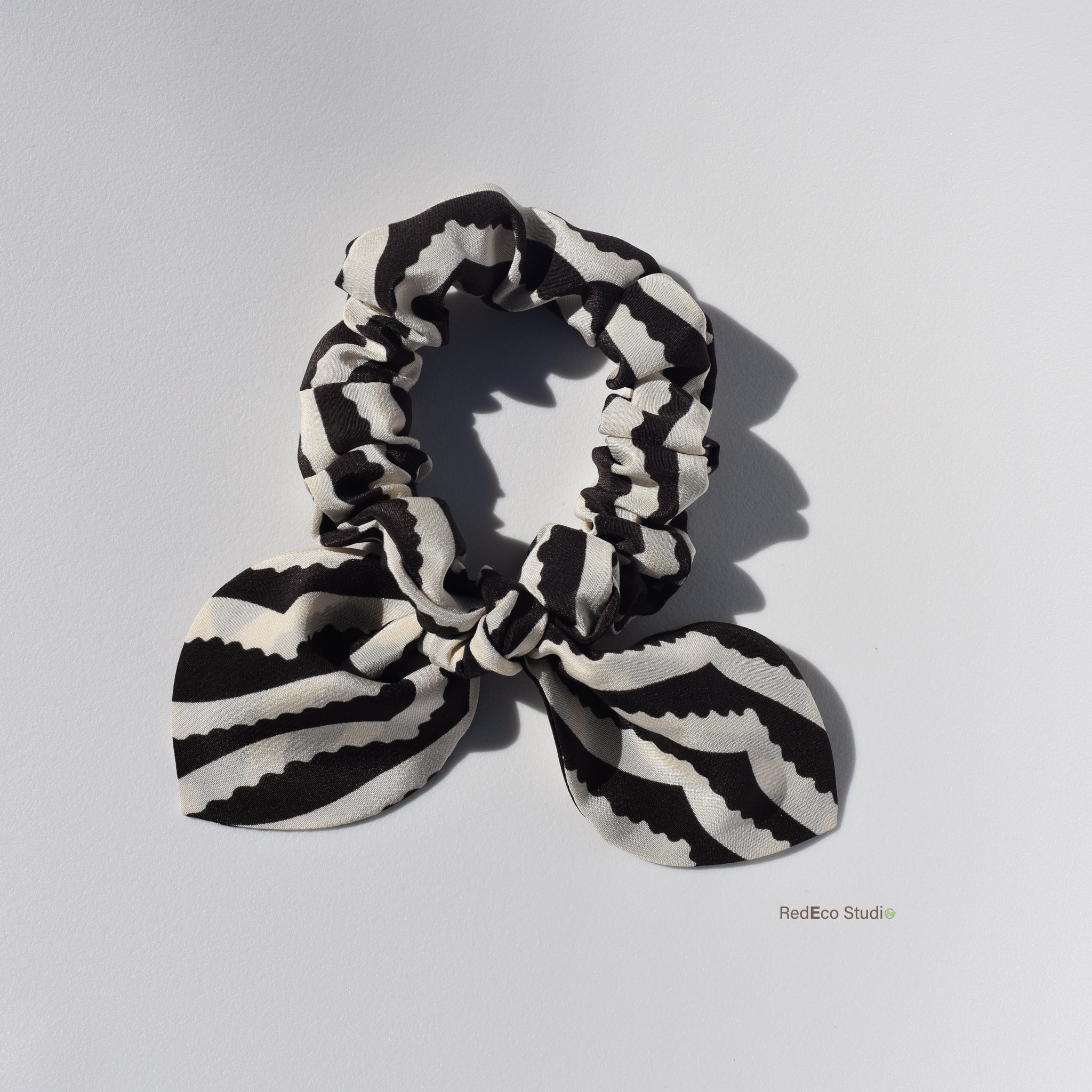 Mini 100% Silk Bow Scrunchie - Black and white chevron