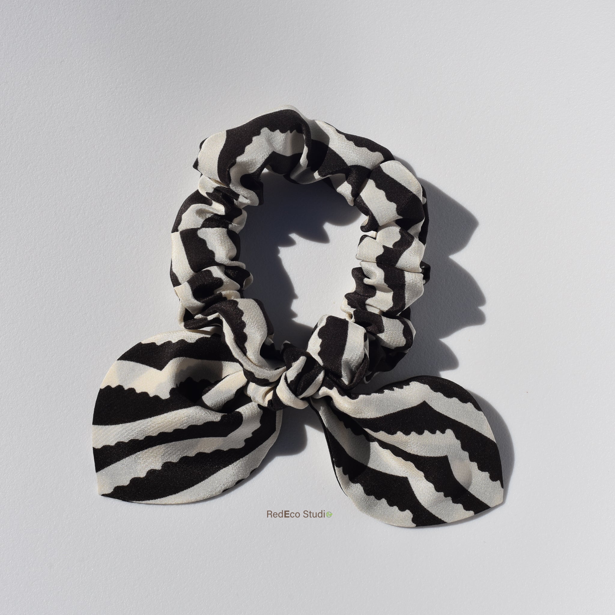 Mini 100% Silk Bow Scrunchie - Black and white chevron